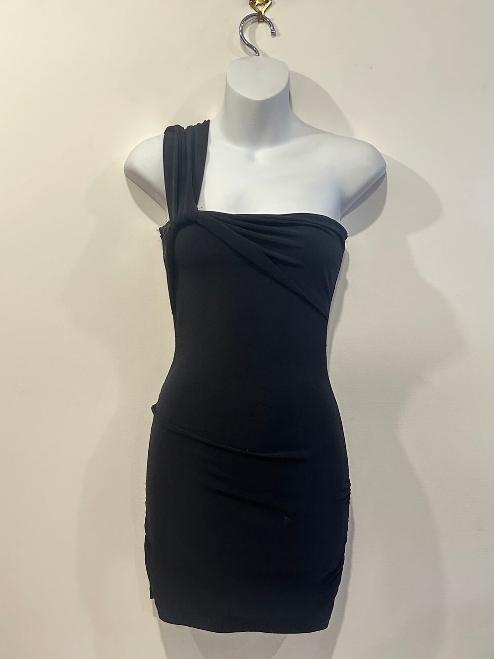 Vintage Y2K Heart Moon Star Black Ruched One Shoulder Bodycon Mini Dress XS